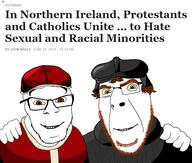 2014 2soyjaks beard brown_eyes brown_hair cap catholic catholicism christianity clothes friendship glasses hair hat hugging ireland june june_2 looking_at_you martin_luther news no_more_brother_wars northern_ireland pope pope_leo_x protestant roman stubble united_kingdom variant:cobson variant:feraljak white_skin yellow_eyes // 1920x1631 // 632.3KB