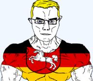 Lower_Saxony arm blue_eyes buff closed_mouth clothes country flag flag:lower_saxony germany glasses hair soyjak subvariant:chudjak_front subvariant:muscular_chud transparent transparent_background tshirt variant:chudjak vein yellow_hair // 1059x929 // 84.9KB