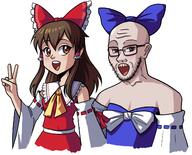 anime arm art bow brown_eyes clothes cosplay dress ear glasses hakurei_reimu hand oekaki open_mouth redraw soyjak stubble touhou variant:soyak video_game white_skin // 1408x1136 // 559.9KB