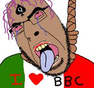 bbc bloodshot_eyes brown_skin dead glasses hair hanging i_love italy lipstick open_mouth purple_hair queen_of_spades rope soyjak stubble suicide tattoo text tongue variant:cobson yellow_teeth // 768x719 // 61.9KB