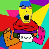 animated arm clothes colorful crossed_arms diaper foot full_body glasses hand leg open_mouth piss poop poopjak sitting smile soyjak stubble subvariant:wholesome_soyjak variant:cobson variant:gapejak // 400x400 // 208.7KB