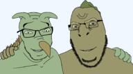 2soyjaks animal big_ears big_nose closed_mouth dinosaur glasses green_sclera green_skin green_teeth hugging important_videos lizard looking_at_you no_more_brother_wars reptile soyjak stubble transparent_background variant:cobson variant:feraljak yee youtube youtube_poop ytp // 2672x1500 // 147.1KB