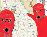 2soyjaks arm demon demon_horns facial_mark forehead_mark georgia_(us_state) glasses horn map mark_of_the_beast open_mouth pentagram pentagram_forehead_mark pointing red_skin soyjak stubble text the_devil_went_down_to_georgia variant:two_pointing_soyjaks // 1117x883 // 186.2KB