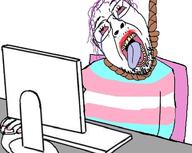 bloodshot_eyes computer crying dead flag glasses hair hanging mustache open_mouth purple_hair red_eyes rope soyjak stubble suicide template tongue tranny transgender_flag variant:bernd yellow_teeth // 720x573 // 47.4KB