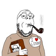 2soyjaks arm badge book closed_mouth clothes glasses hair hand holding_book holding_object i_love pipe round_glasses shakespeare smile smoke smoking soyjak stubble text variant:chudjak variant:gapejak // 1200x1200 // 106.0KB