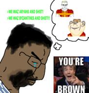 aryan blond blue_eyes brown_eyes brown_skin glasses green green_text sloptranWNBAG_(namefag) subvariant:chudjak_front subvariant:muscular_chud text variant:chudjak variant:impish_soyak_ears you're_brown // 500x526 // 167.5KB
