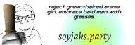 banner closed_mouth glasses grin hand holding_object holding_scroll implied_yotsoyba scroll smile soyjak soyjak_party stubble text variant:feraljak // 300x100 // 7.4KB