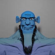 3d animated beard blue_skin calm closed_mouth ear fume glasses ogre_ears seething smile soyjak stretched_chin variant:markiplier_soyjak // 600x600 // 5.7MB