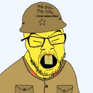 angry buck_teeth china combat_helmet glasses helmet japan military military_uniform soldier soyjak stubble type_90_helmet variant:feraljak yellow_skin yellow_teeth // 1000x1000 // 26.4KB