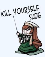 black_ribbon desu glasses green_dress kill_yourself kys orange_hair pointing pointing_stick rozen_maiden sude suiseiseki variant:chudjak white_collar // 255x326 // 71.0KB