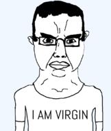 closed_mouth clothes ear glasses hair soyjak subvariant:chudjak_front text tshirt variant:chudjak virgin // 701x832 // 52.5KB