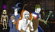 2soyjaks armor axe beard blood clothes drool full_body glasses harry_potter hat helmet hogwarts_legacy holding_axe holding_object mucus open_mouth retard skeleton soyjak staff stubble variant:markiplier_soyjak video_game wand wizard wizard_hat // 2399x1423 // 5.1MB