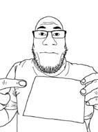 bald balding closed_mouth clothes glasses hand holding_object neutral pointing sign soyjak stubble template tshirt variant:nuplier white_background // 676x913 // 9.5KB