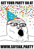 advertisement clothes glasses hat open_mouth party party_hat soyjak soyjak_party text variant:tony_soprano_soyjak // 700x993 // 371.6KB