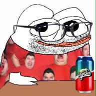 arm can clothes crying frog glasses hand irl nikocado_avocado oh_my_god_she_is_so_attractive open_mouth pepe soda soyjak sproke stubble table tshirt twitter variant:pepejak // 369x368 // 182.4KB