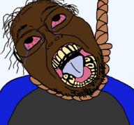ack bloodshot_eyes brown_skin chud_(boorufag) chud_(soybooru) clothes crying hanging jartycuck noose open_mouth rope stubble subvariant:boat_rammer suicide variant:bernd yellow_teeth // 910x853 // 154.2KB