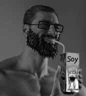 crazed drinking gigachad glasses open_mouth smile soy straw stubble teeth // 638x717 // 177.5KB