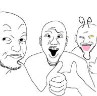 3soyjaks antenna arm cross_eyed dream_(youtuber) hand heterochromia open_mouth soyjak stubble thumbs_up tongue variant:unknown // 1024x1007 // 256.6KB