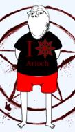arm chaos closed_mouth clothes elric full_body glasses good_boy grin leg pentagram smile soyjak stubble text tshirt variant:gapejak // 580x1020 // 252.2KB