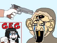 anti_anti_soytan antiswarthy_(namefag) at_gunpoint beanie blush brain buck_teeth clothes crying ear eskimo execution firearm geg glasses gook gun hair holding_gun holding_object holding_pistol hood imminent_death laughing open_mouth pistol pointing pointing_at_viewer rent_free sign slanted_eyes small_brain variant:soyak variant:soytan weapon yellow_teeth // 1000x750 // 172.2KB