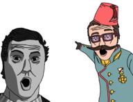 Lavader Ubersoy black_and_white blue_eyes brown_eyes brown_hair fez glasses medal mustache open_mouth pointing sunglasses uniform variant:two_pointing_soyjaks // 1540x1180 // 66.4KB