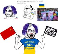 black_lives_matter clothes communism hammer_and_sickle hand_arm_holding hanging leg looking_down makeup multiple_soyjaks mustache necklace nordic_chad open_mouth purple_hair refugees_welcome rope russo_ukrainian_war soviet_union soyjak soyjak_comic star stubble subvariant:crazed_troonjak subvariant:soyak_(crazed) suicide text tongue tranny tshirt ukraine variant:bernd variant:soyak xi_jinping yellow_teeth // 1121x1057 // 719.0KB