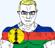 arm aryan blue_eyes buff closed_mouth clothes ear flag flag:new_caledonia flèche_faîtière glasses hair new_caledonia soyjak subvariant:chudjak_front subvariant:muscular_chud tshirt variant:chudjak vein yellow_hair // 1024x898 // 58.9KB