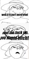 3soyjaks angry clothes distorted female femjak frown glasses hair hat meme sad smile soyjak stubble subvariant:gapejak_female subvariant:wholesome_soyjak text variant:gapejak // 640x1283 // 202.3KB