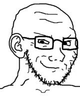 closed_mouth ear glasses looking_down smile smug soyjak stubble subvariant:soyak_(smug) swede_(artist) variant:soyak // 632x756 // 24.9KB