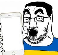chud country glasses holding_object holding_phone iphone open_mouth soyjak stubble template thick_eyebrows ukraine variant:chudjak2 // 1080x1022 // 166.6KB