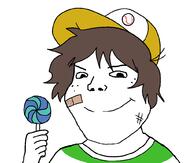 bandage brown_hair cap closed_mouth clothes hair hand hat holding_lollipop holding_object lollipop shota smile soyjak subvariant:shoyta variant:gapejak // 1012x861 // 24.2KB