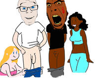 2soyjaks angry big_penis black_skin brown_eyes bwc closed_mouth glasses nsfw open_mouth penis queen_of_hearts smile soyjak stubble tbp tiny_penis twp variant:cobson variant:feraljak white_skin yellow_sclera // 3464x2844 // 869.1KB