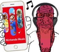 angry animal_crossing arm bloodshot_eyes calm closed_mouth clothes glasses hand headphones holding_object holding_phone iphone mario nintendo nintendo_music phone red_skin stretched_chin stubble subvariant:phoneplier subvariant:phoneplier_vertical sweating the_legend_of_zelda variant:markiplier_soyjak video_game // 2160x1884 // 1.5MB