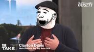 beret clayton_davis clothes ear feminist hat irl merge open_mouth soyjak stubble text variant:excited_soyjak // 1853x1023 // 1.4MB