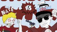 2soyjaks angry arm art badge bandage billions_must blond clenched_teeth closed_mouth clothes drawing ear eye_bags fist glasses gun hair lips missing_teeth nas nate pizza_tower red_eyes speech_bubble sunglasses text variant:chudjak vein vs // 960x540 // 35.7KB