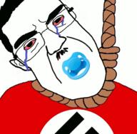 animated bloodshot_eyes clothes crying glasses hair hanging mustache nazism pacifier politics rope soyjak subvariant:patrick suicide swastika variant:chudjak // 735x719 // 143.4KB