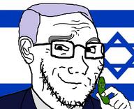 bloodshot_eyes closed_mouth clothes crying ear flag glasses grey_hair hair hand holding_object israel judaism netanyahu pickle smile smug soyjak star star_of_david stubble variant:soyak wojak // 850x692 // 172.5KB