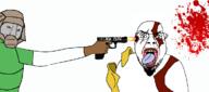 2soyjaks Doomguy Warrior-Z(user) ack angry arm armor beard blood closed_mouth doom glasses glove goatee god_of_war gore goy_of_war greece gun hair hand herpes holding_gun holding_object kratgoy kratos pistol powerscaling smug soyjak stubble teeth text tongue variant:bernd variant:chudjak video_game // 1166x515 // 196.4KB