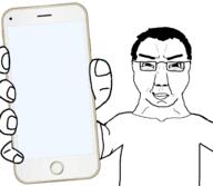 arm closed_mouth clothes glasses hair holding_object holding_phone iphone looking_at_you phone smile smug soyjak subvariant:chudjak_front template variant:chudjak white_shirt // 1729x1508 // 434.8KB