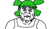 4chan anime clothes drawer green_hair hair open_mouth sleeveless_shirt soyjak stubble variant:unknown yotsoyba // 480x253 // 17.6KB