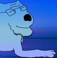 animal arm blue_skin calm closed_eyes closed_mouth dog glasses irl_background sky smile soyjak stubble variant:unknown // 986x998 // 345.0KB