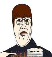barneyfag brown_hair closed_mouth clothes doom fact fact_check glasses hair hand holding_object lee_goldson mustache pointing soyjak variant:Cobbert // 517x563 // 55.9KB