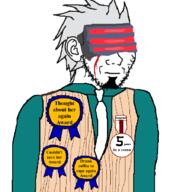 ace_attorney award badge blood blue_shirt clothes crying ear godot grey_hair hair necktie nose sad spiked_hair stubble suit text variant:soyak visor // 900x900 // 61.2KB