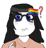 alternate avengers blue_eyes blushing closed_mouth clothes confused crumbs eating female flag flag:lgbt_pride_flag food glasses hair hand holding_object homophobia lgbt meme question_mark soyjak variant:soytan 🏳️‍🌈? // 500x518 // 79.8KB