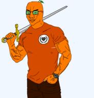 Fdl froot glasses grin holding_object holding_sword muscular_male orange_shirt orange_skin stem subvariant:muscular_chud2 variant:chudjak // 1834x1913 // 206.6KB