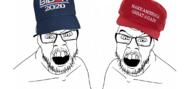 2soyjaks cap clothes donald_trump glasses hat joe_biden maga mustache open_mouth politics soyjak stubble united_states variant:feraljak // 1125x519 // 374.8KB