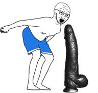 bbc clothes dildo full_body glasses jump open_mouth penis soyjak stubble variant:soyak // 640x604 // 103.0KB