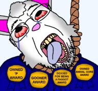 ack animal artist:crimsonvoidhydra1488 award beard bloodshot_eyes blue_hoodie faggot foodist furfag glasses gooner hanging hoodie kenny_the_rabbit_studios open_mouth pedophile rabbit rabbit_ears rope text variant:bernd white_skin // 768x719 // 180.2KB