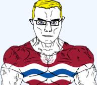 arm aryan blue_eyes british buff bull closed_mouth clothes cow ear england flag flag:herefordshire glasses hair herefordshire soyjak subvariant:chudjak_front subvariant:muscular_chud tshirt united_kingdom variant:chudjak vein yellow_hair // 1059x929 // 85.2KB