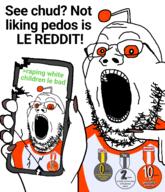 2soyjaks alien antenna arrow award badge bald broken clothes ear finger fingernail glasses greentext hand holding_object holding_phone map_(pedophile) nft open_mouth orange_eyes orange_sclera painted_nails pedophile phone pointing rape reddit reddit_moment redditard slopjak snoo soybooru soyjak soyjak_party stubble t-shirt text tshirt variant:gapejak white_background white_skin // 1400x1630 // 525.3KB